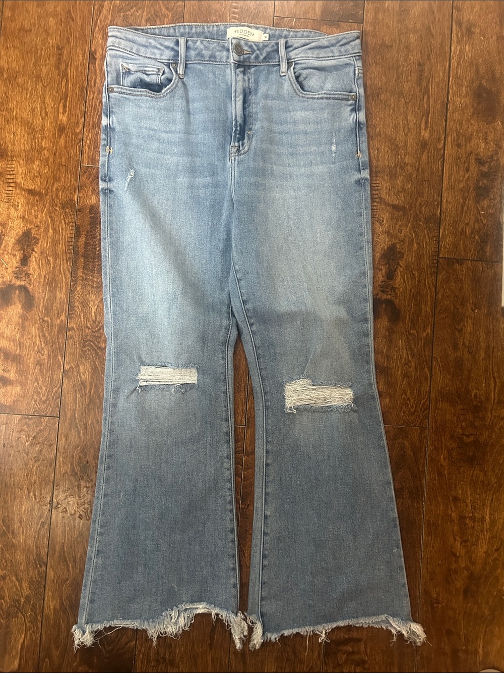 Distressed Light Blue Cropped Flare Jeans - Women
